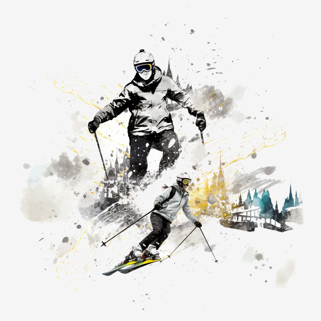 Dwóch narciarzy w nowym sprzęcie z e-sklepu DobreNarty jeździ w górach po stoku narciarskim.